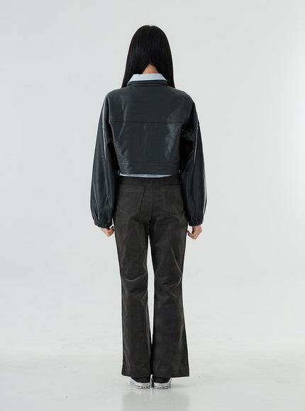 Faux Leather Button Crop Jacket OO26