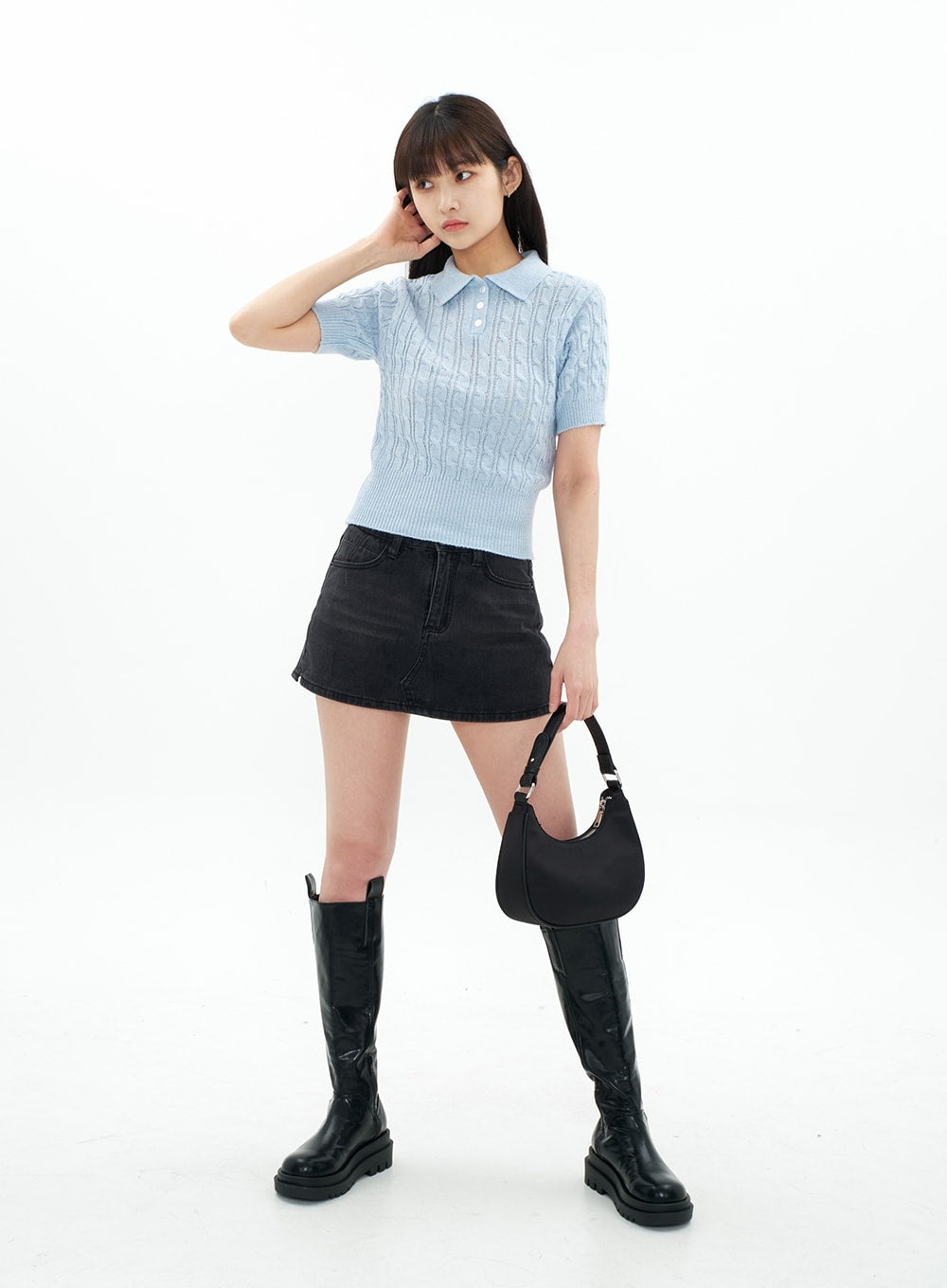 Cable Knit Collared Short-sleeve Sweater CA01