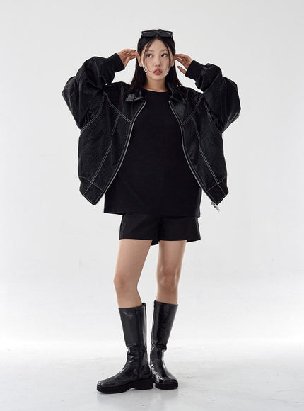 Over Fit Stitch Faux Leather Jacket Unisex CG16