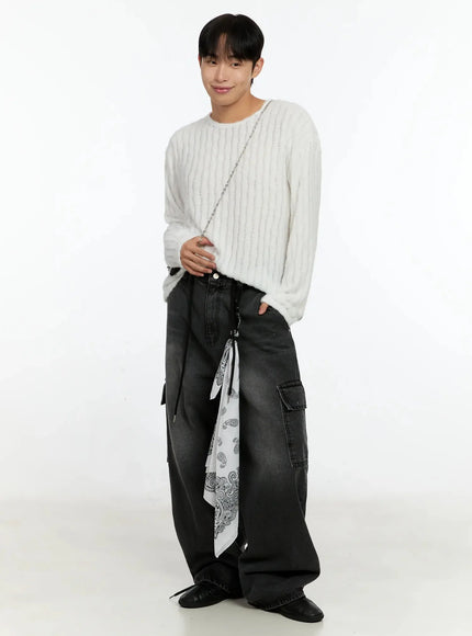 Men's Dark-Washed Cargo Wide Pants IN525