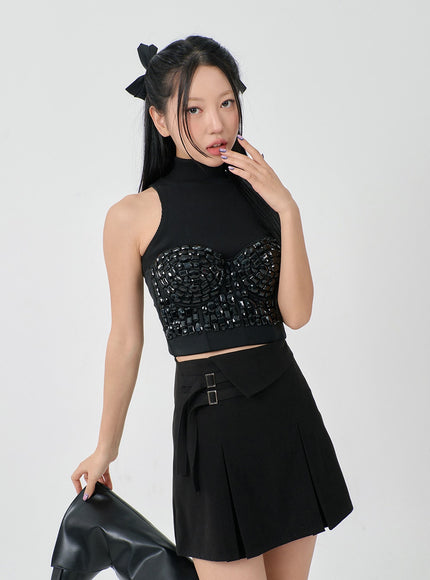 Folded Waist Two Buckle Pleated Mini Skirt BD23