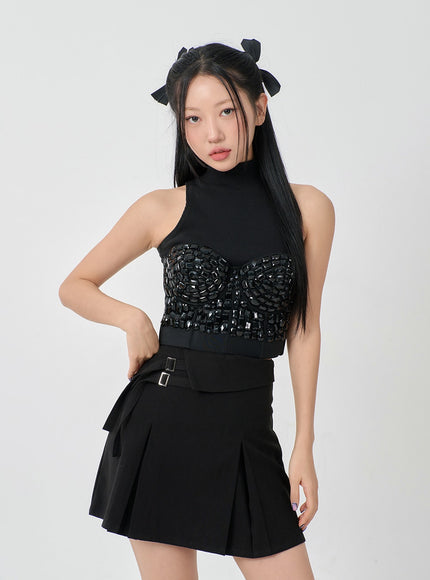 Folded Waist Two Buckle Pleated Mini Skirt BD23