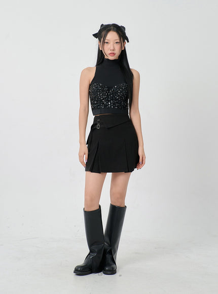 Folded Waist Two Buckle Pleated Mini Skirt BD23