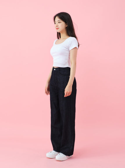 Deep Round Neck Basic Crop T-Shirt BU5