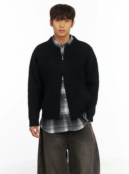 mens-boucle-zip-up-cardigan-ij514 / Black