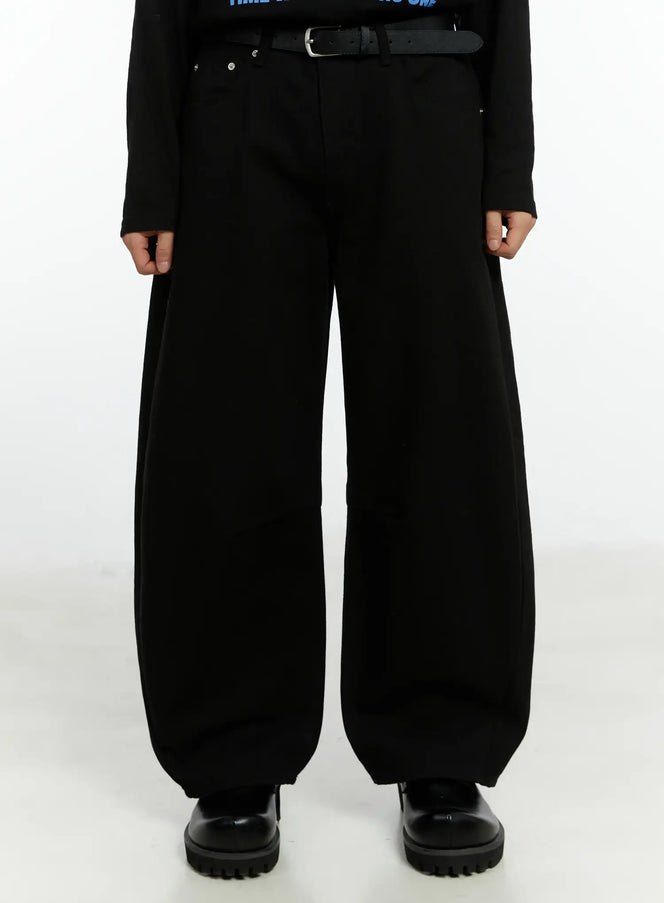 mens-black-curved-fit-wide-cotton-pants-if511 / Black