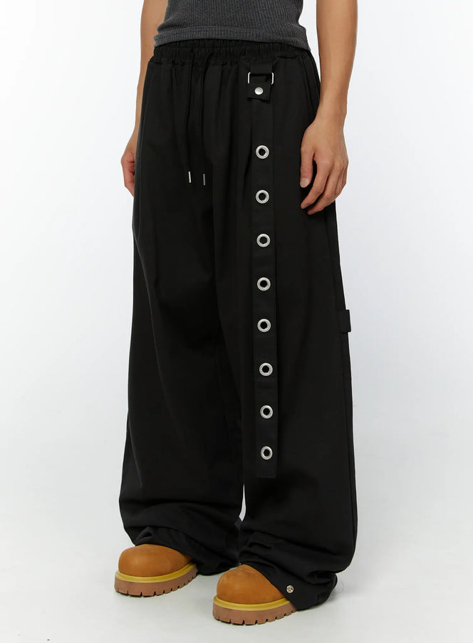 mens-eyelet-detail-wide-leg-pants-iy508-black / Black