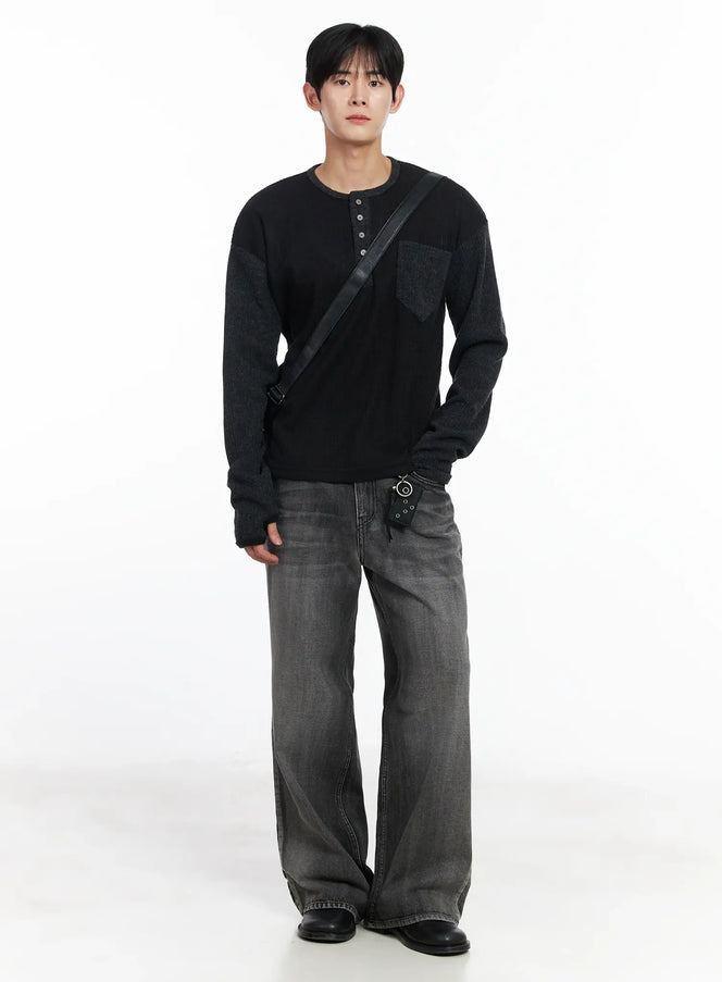 mens-two-toned-wool-knit-long-sleeve-top-ij521 / Black