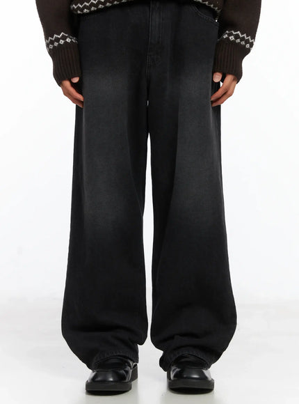 mens-straight-semi-wide-fleece-jeans-black-ij514 / Black