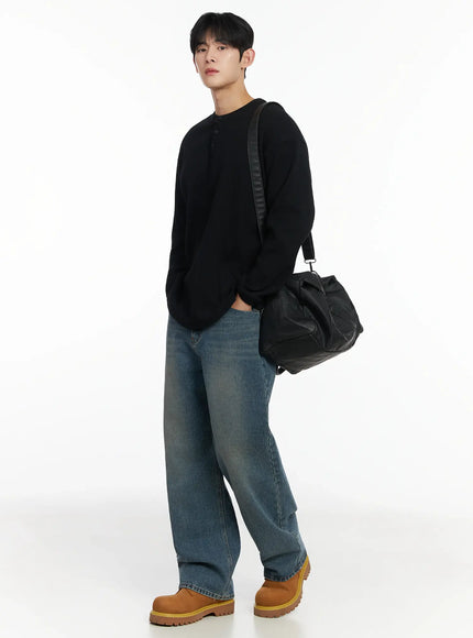 mens-waffle-henley-long-sleeve-shirt-if517 / Black