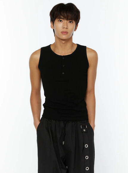mens-ribbed-henley-tank-iy508 / Black