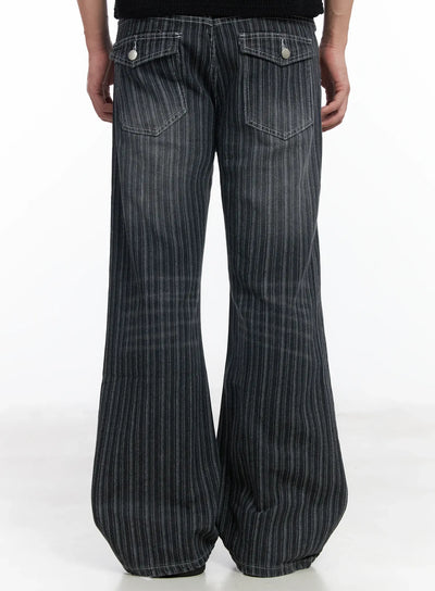 mens-striped-wide-leg-jeans-if516 / Black