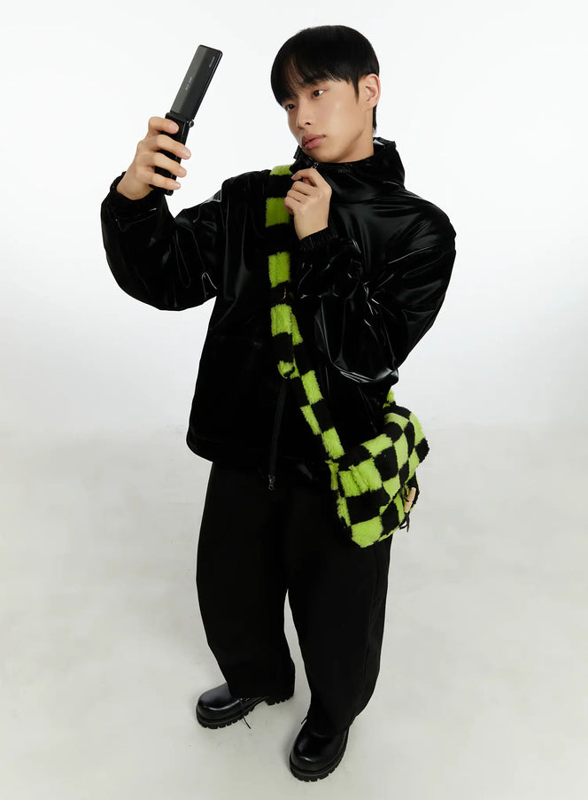 mens-high-end-glossy-double-zipper-zip-up-hoodie-if511 / Black