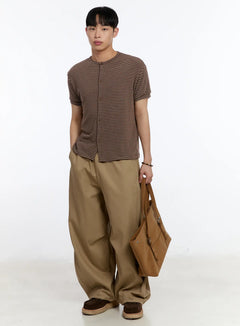 mens-striped-short-sleeve-button-up-cardigan-ia507 / Brown