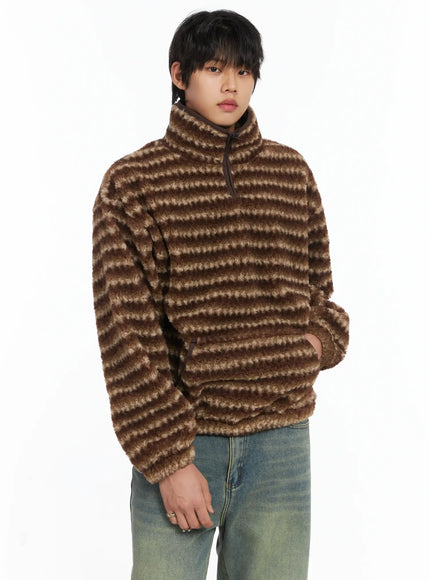 mens-warm-fleece-striped-quarter-zip-up-ij512 / Brown