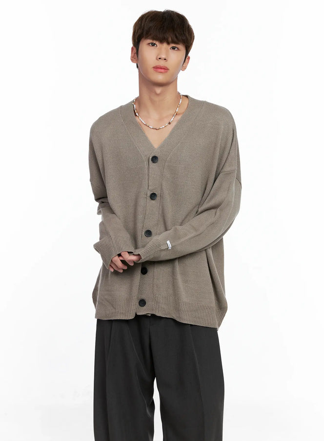 mens-oversized-v-neck-cardigan-io506 / Dark beige