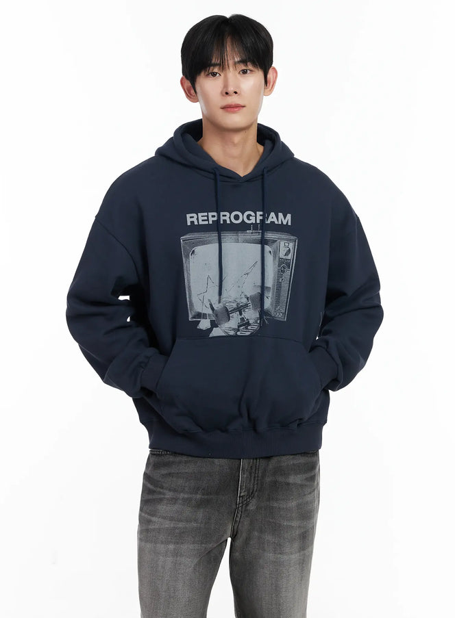 mens-retro-tv-graphic-hoodie-ij521 / Dark blue
