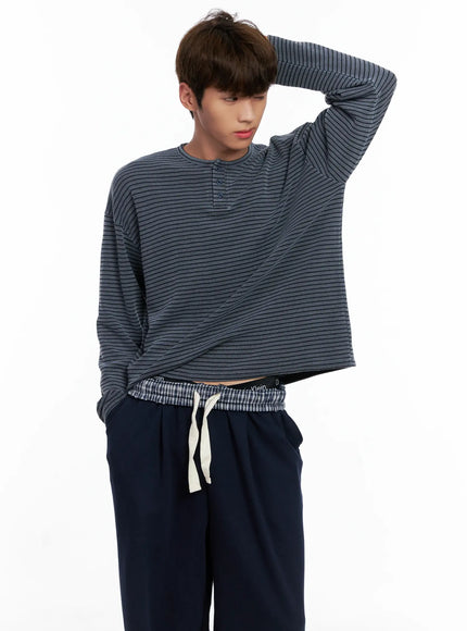 mens-cropped-henley-long-sleeve-tee-io502 / Dark blue