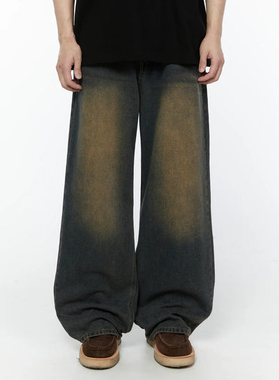 mens-retro-washed-wide-leg-jeans-ia527 / Dark blue