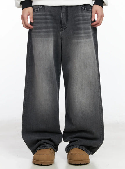 mens-washed-wide-leg-jeans-im523 / Dark gray