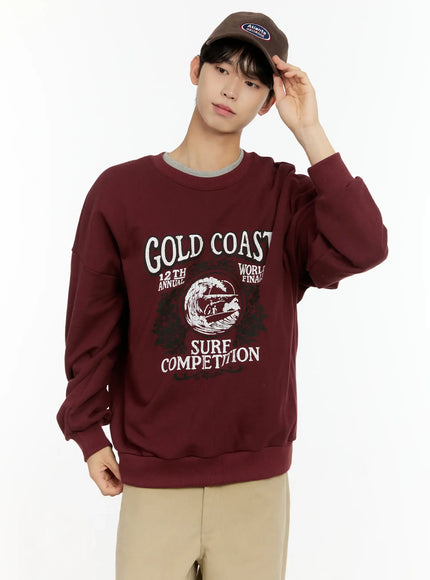 mens-casual-surf-print-crewneck-in503 / Dark red