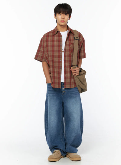 mens-classic-check-short-sleeve-shirt-iy529 / Dark red