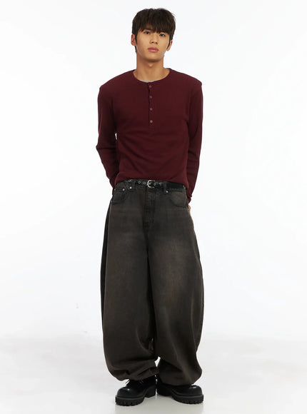 mens-layered-waffle-henley-long-sleeve-shirt-ij514 / Dark red