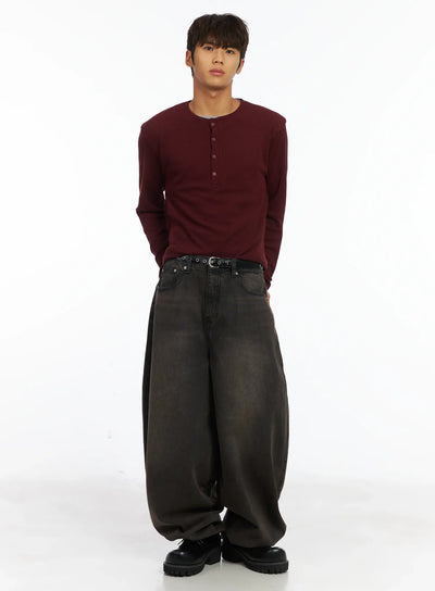 mens-layered-waffle-henley-long-sleeve-shirt-ij514 / Dark red