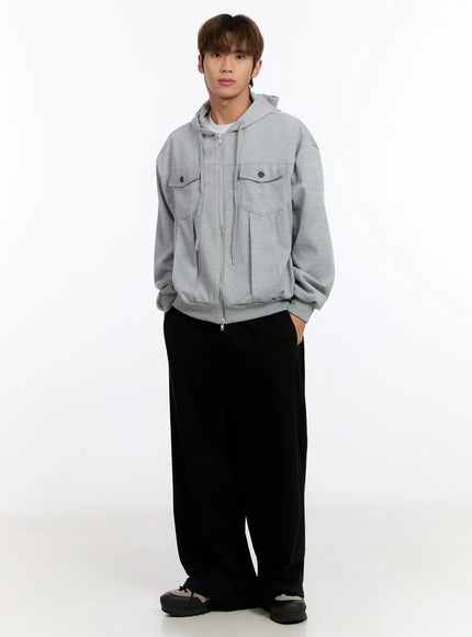 mens-button-detail-zip-up-hoodie-jacket-in528 / Gray