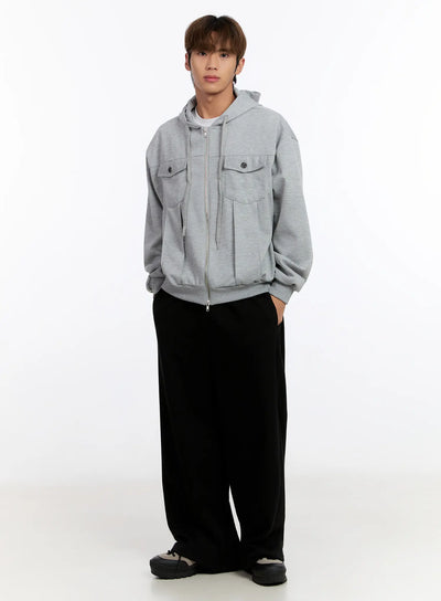 mens-button-detail-zip-up-hoodie-jacket-in528 / Gray