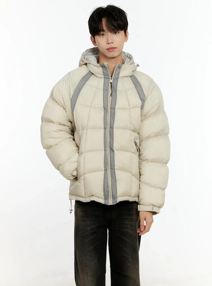 mens-color-block-puffer-jacket-light-beige-io531 / Light beige