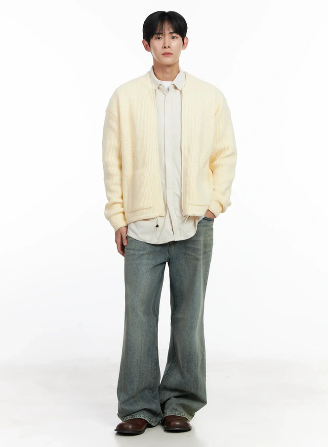 mens-casual-zip-up-cardigan-ij521 / Light beige