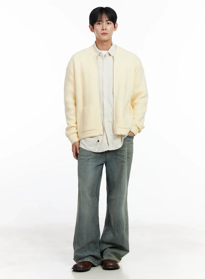 mens-casual-zip-up-cardigan-ij521 / Light beige