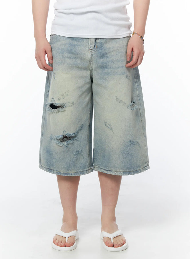 mens-vintage-wash-bermuda-jeans-shorts-iy519 / Light blue