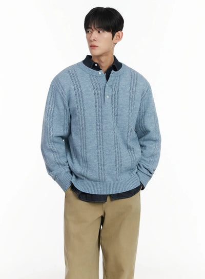 mens-pointelle-henley-knit-sweater-if517 / Light blue