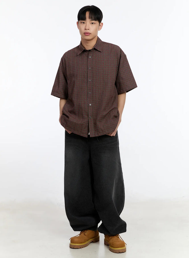 mens-plaid-short-sleeve-button-up-shirt-ia507 / Red