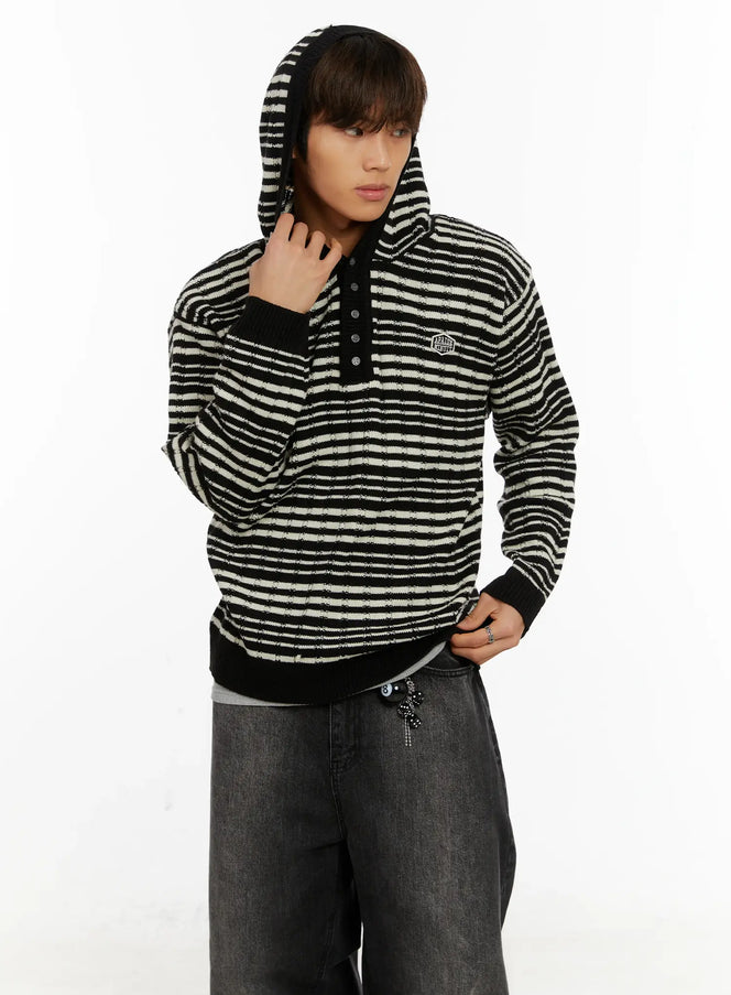 mens-striped-henley-knit-hoodie-id524 / White