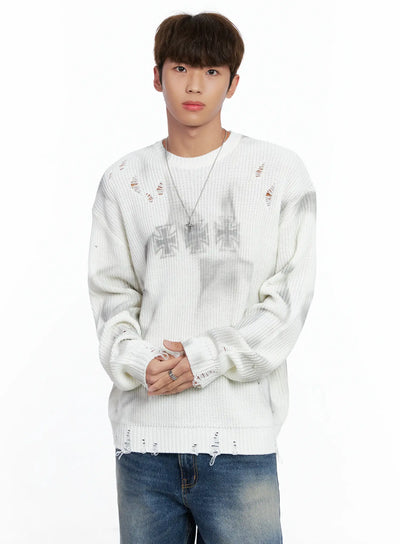 mens-distressed-knit-sweater-io502 / White