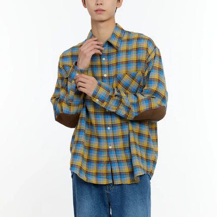 mens-checkered-elbow-patch-shirt-in503 / Yellow