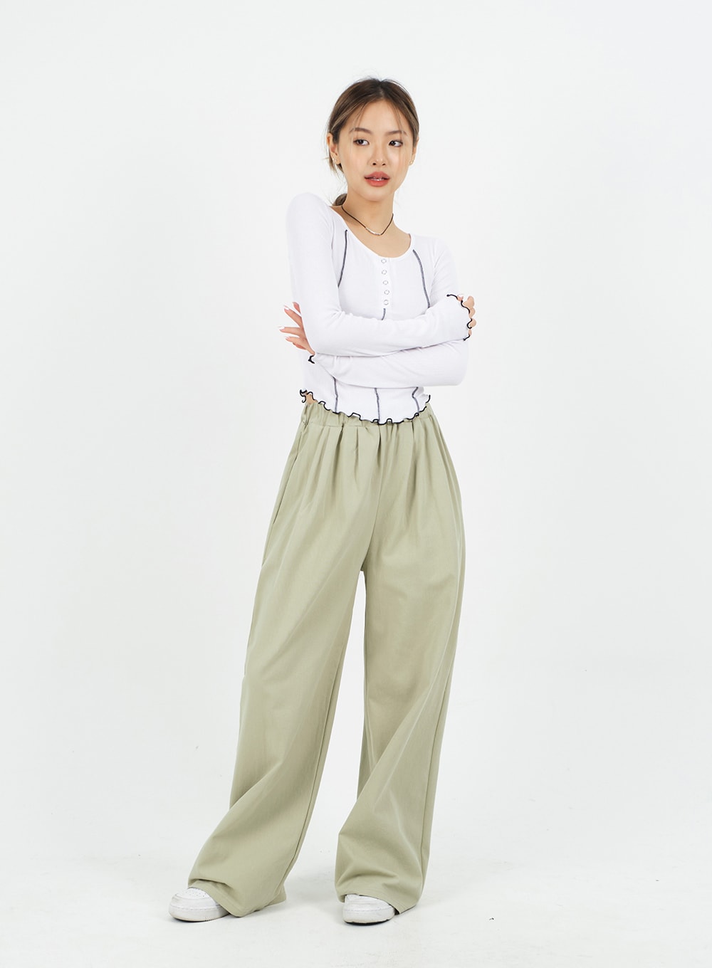 Mid-rise Wide Banded Cotton Pants CA08