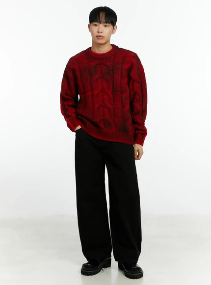 mens-vintage-washed-cable-knit-pullover-sweater-if511 / Red