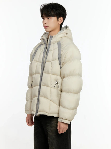 Men's Color Block Puffer Jacket (Light Beige) IO531
