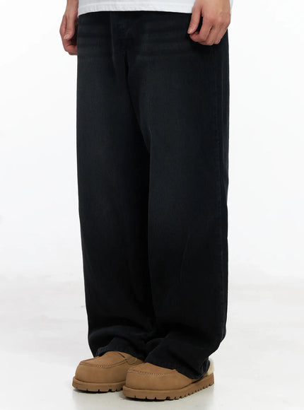 Men's Black Washed Wide Corduroy Pants IJ521