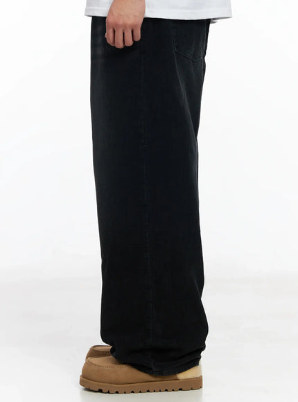 Men's Black Washed Wide Corduroy Pants IJ521