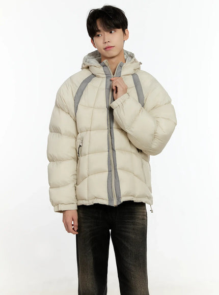 Men's Color Block Puffer Jacket (Light Beige) IO531