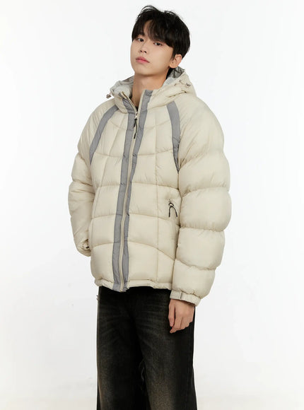 Men's Color Block Puffer Jacket (Light Beige) IO531