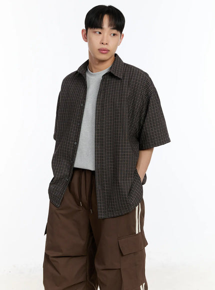 mens-plaid-short-sleeve-button-up-shirt-ia507 / Black