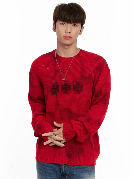 mens-distressed-knit-sweater-io502 / Red