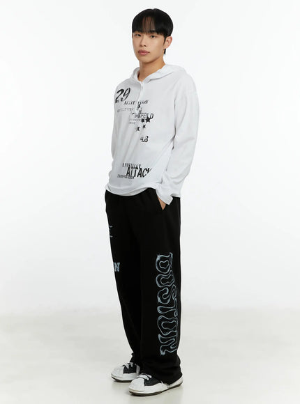 mens-graphic-print-henley-hooded-long-sleeve-top-if511 / White