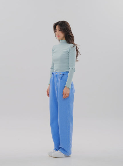 Side Button Color Wide Leg Pants F5